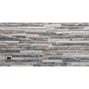 Gray stacked stone veneer wall pattern with varied rectangular tiles; PG logo in the bottom-left corner.