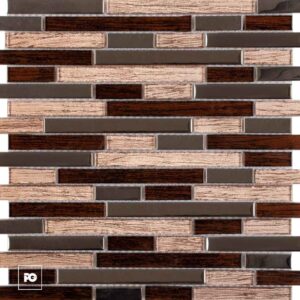 Close-up of a brown and gray tile mosaic arranged in a staggered brick pattern