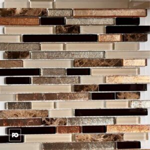 Decorative mosaic tile pattern with horizontal glass and stone rectangles in neutral browns