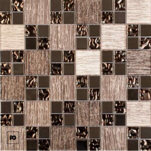 Decorative mosaic tile wall with alternating wood-grain and glossy brown squares.