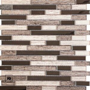 Close-up of a brick-pattern tile wall with alternating dark brown and light wood-textured rectangular tiles; small logo in bottom-left corner.