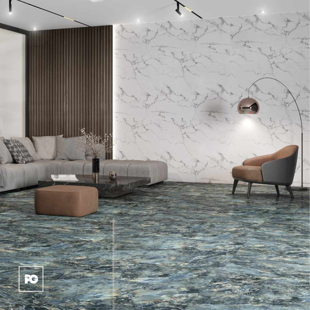 Piso Porcelánico Esmaltado San Lorenzo Azul Tipo Mármol Brillante 60 x 120. - Imagen 2